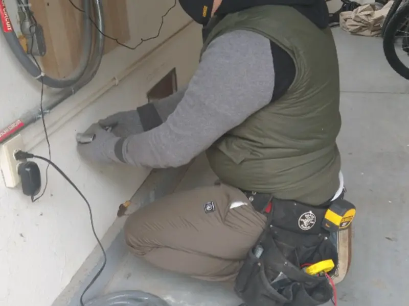 Electrician performing outlet wiring in a Highland City garage